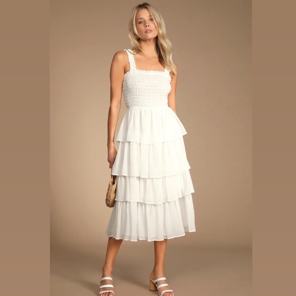 Lulus Dresses Lulus Sunshine And Bliss White Smocked Tiered Midi